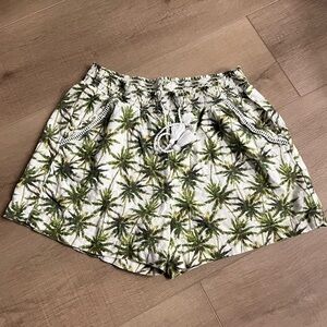 Green Tropical Palm Tree Elastic Waist Linen Blend Shorts 30”Waist Hawaii Summer